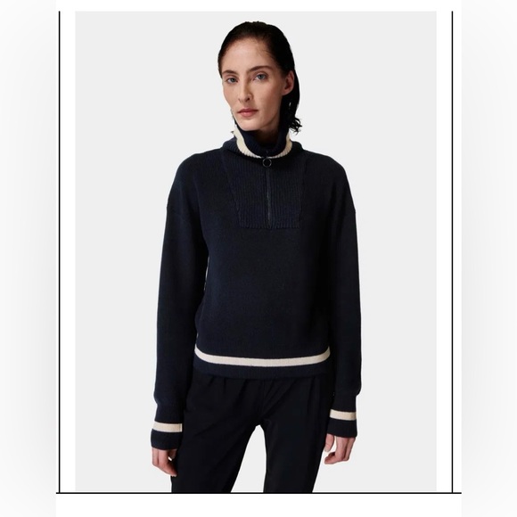 Sweaty Betty Sweaters - Sweaty Betty Women’s Navy Funnel Neck Half Zip-Up Sweater White Trim Size 14